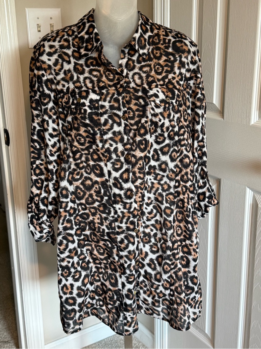 Jaclyn Smith Leopard-Print Button-Up Tunic in Black, Brown, White